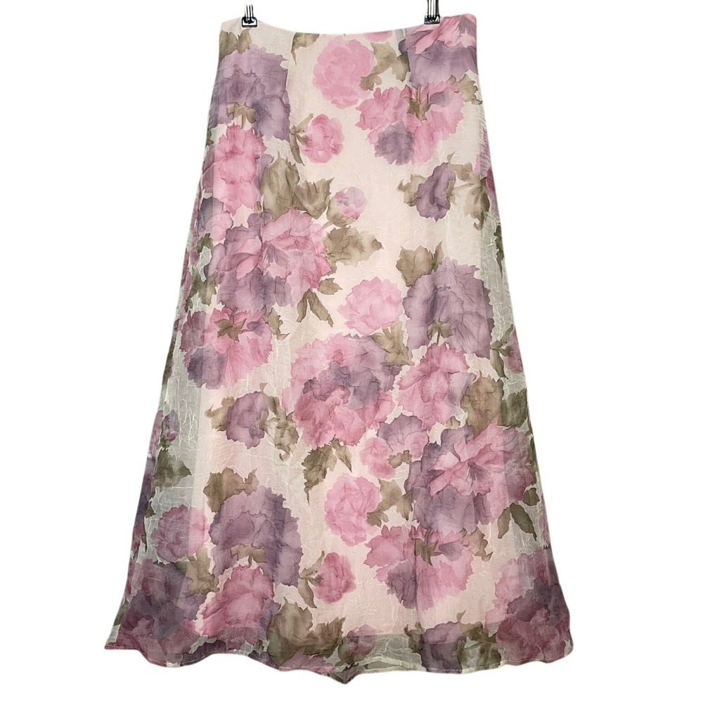 Vintage Floral Skirt Crinkle Pink Crinkle Maxi A-Line Made in USA Romantic 90s
